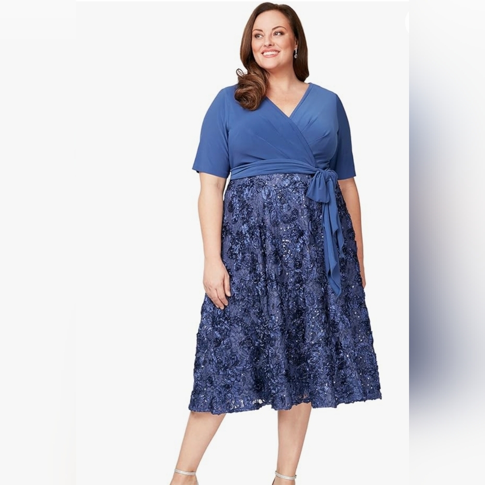 Alex Evenings Tea Length Dress with Rosette Details 18 W